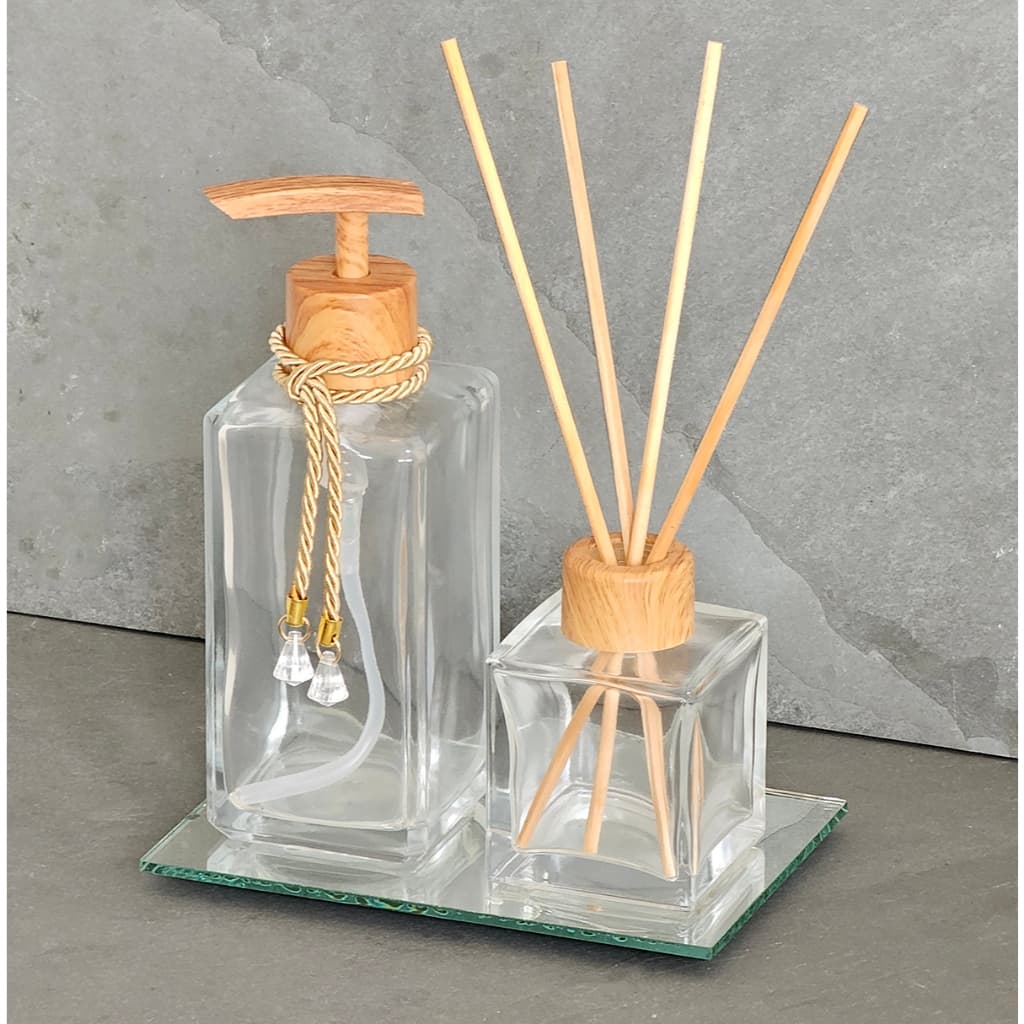 Kit Aromatizador de Banheiro Vidro com Porta Sabonete e Difusor de Ambiente Madeira