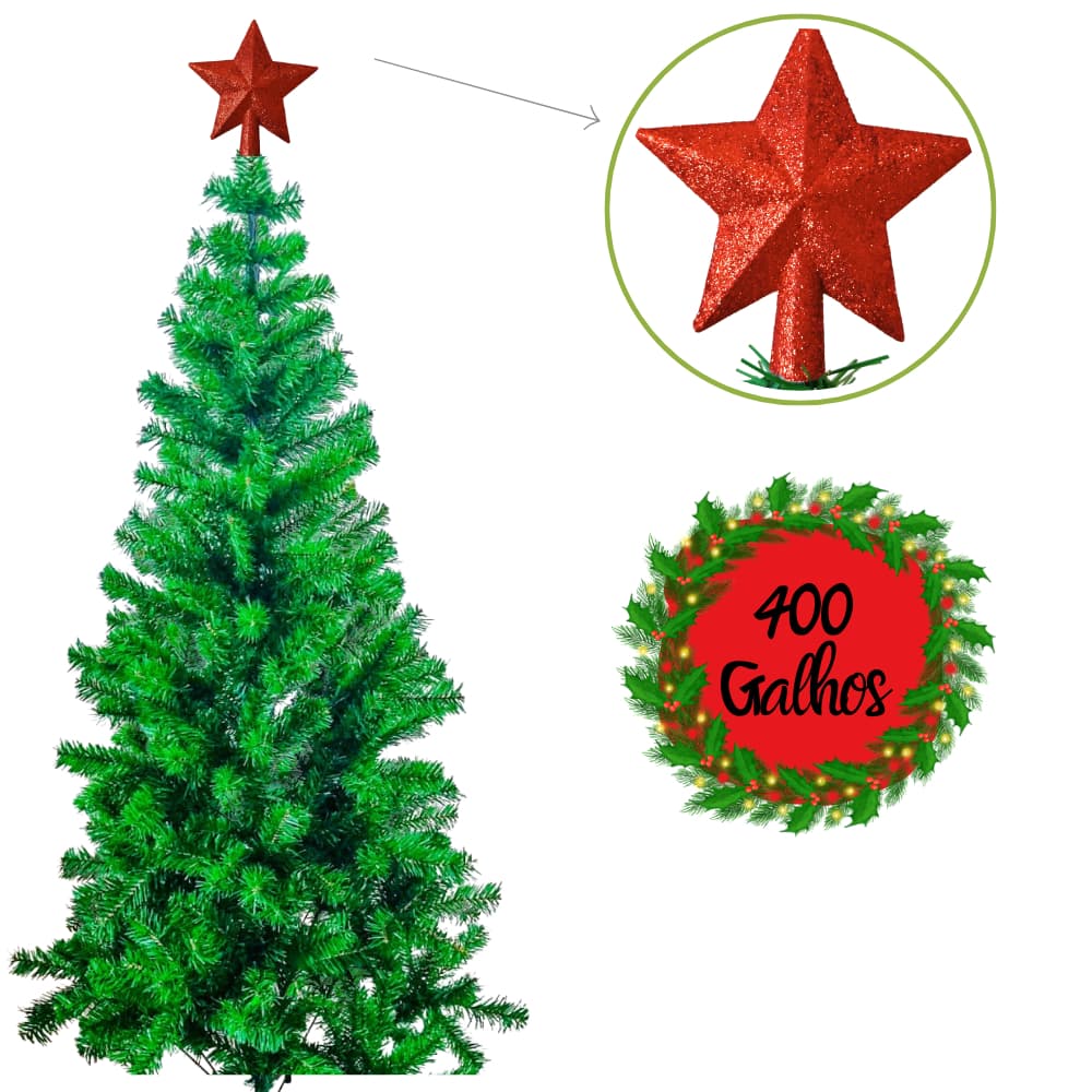 Árvore de Natal Pinheiro Tradicional 1,80m Verde 400 galhos - Inclui Ponteira Estrela