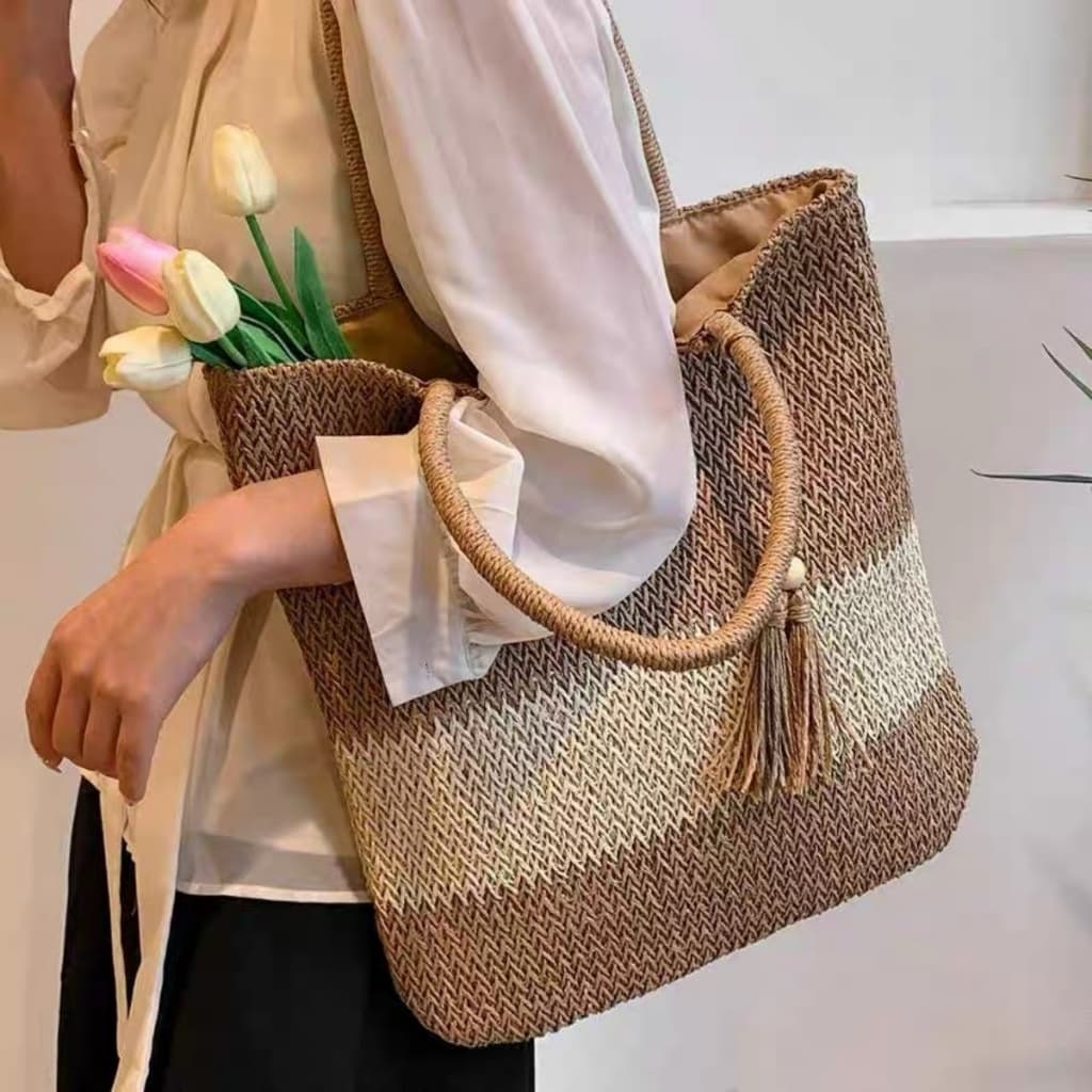 Juzia Bolsas Bolsa tote de palha retalhado feminina praia alça de ombro trançado com zíper chaveiro franja bolinhas