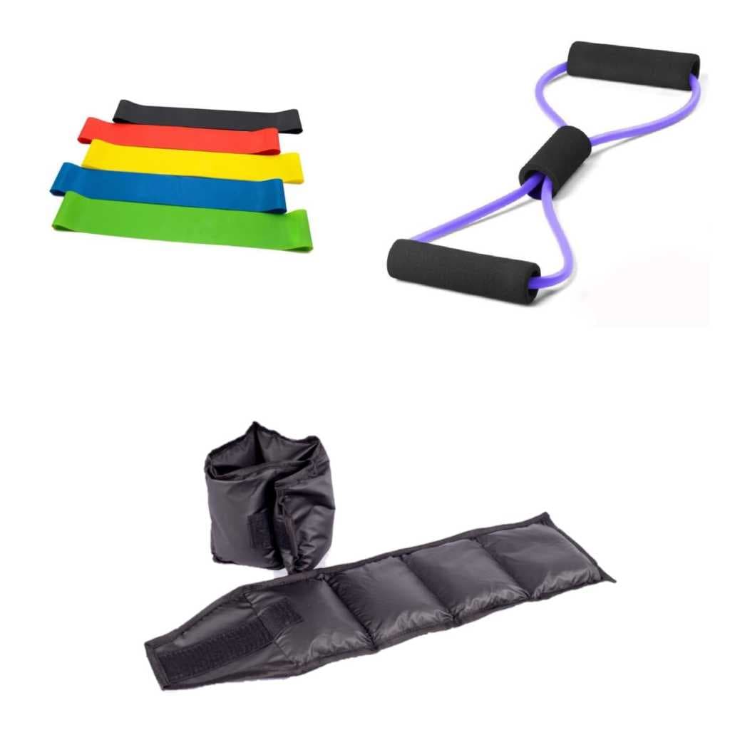 Treino Caseiro Completo: Extensor Multifuncional + Caneleira 3kg Preta + Mini Band