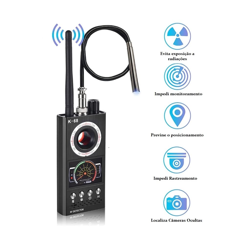 Detector De Câmeras Escutas Espião Grampos K68 Rastreia Localiza GPS Sinal GSM RF 5G 4G Magnético