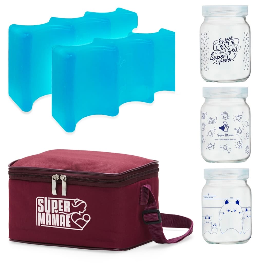 Bolsa Térmica Para Leite Materno Super Mamãe + 3 Potes Decorados E 2 Gelos Artificiais