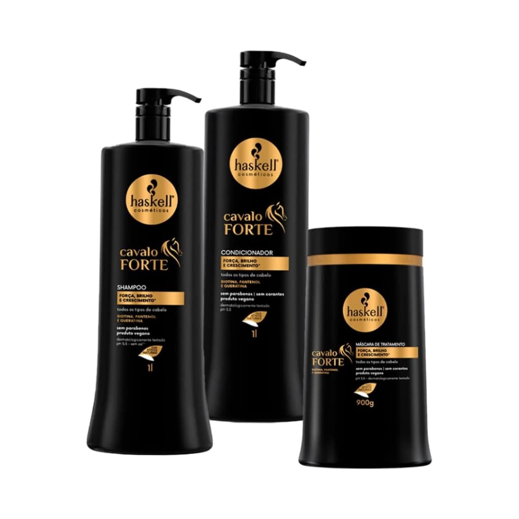 Kit Haskell Cavalo Forte Shampoo Condicionador 1L + Máscara 900g Tratamento Capilar Cuidados com o Cabelo Reconstrução