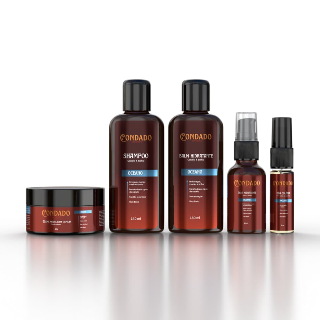 Kit Barba Cabelo Bigode Oceano Condado Amadeirado 5 itens Shampoo Balm Hidratante Óleo Colônia
