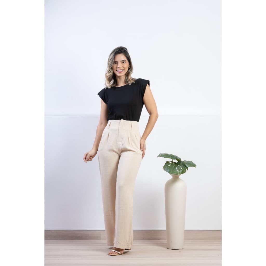 CALÇA PANTALONA EM LINHO CINTURA ALTA L-105