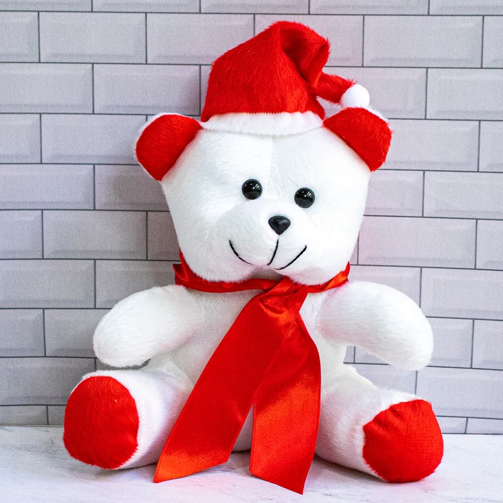 URSINHO DE NATAL - URSO DE PELÚCIA COM TOUCA DE PAPAI NOEL - 22 CENTÍMETROS-BRANCO