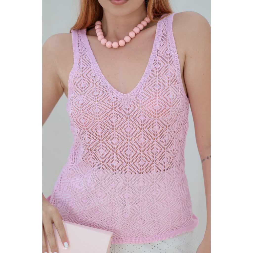 Blusa regata rendada leve basica decote v saida de praia verão tricot