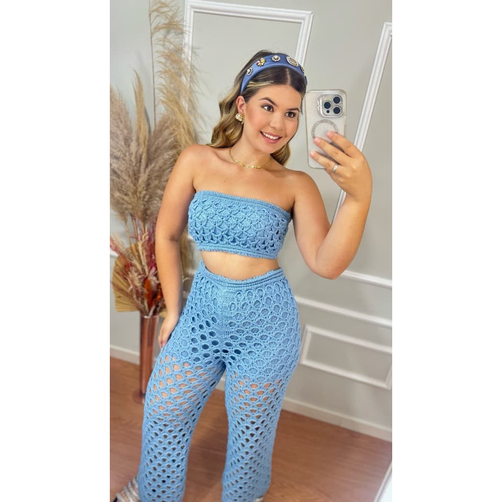 Conjunto 2 peças calça e top tomara que caia rendado tricot com forro tendencia verao lançamento