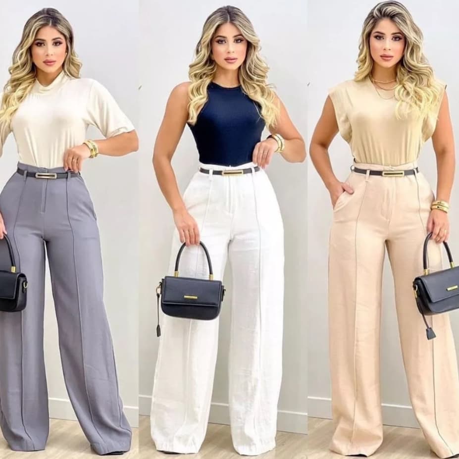 Calça Pantalona Feminina Alfaiataria Com CINTO Bolso Wide Elegante