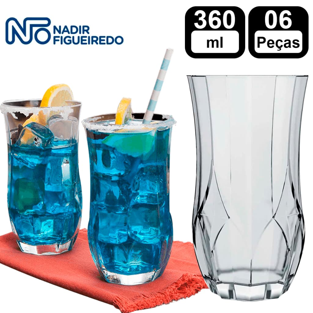 jogo de 6 Copos Opera Long Drink 360ml de vidro cristalino copo de drink - suco  Nadir Figueiredo