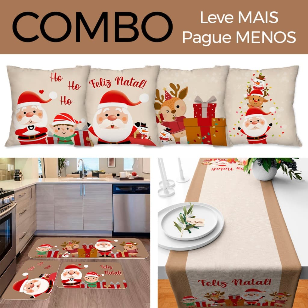 Combo Feliz Natal: Kit com 4 Capas para Almofadas + Kit com 3 Tapetes para Cozinha + Trilho de Mesa 01