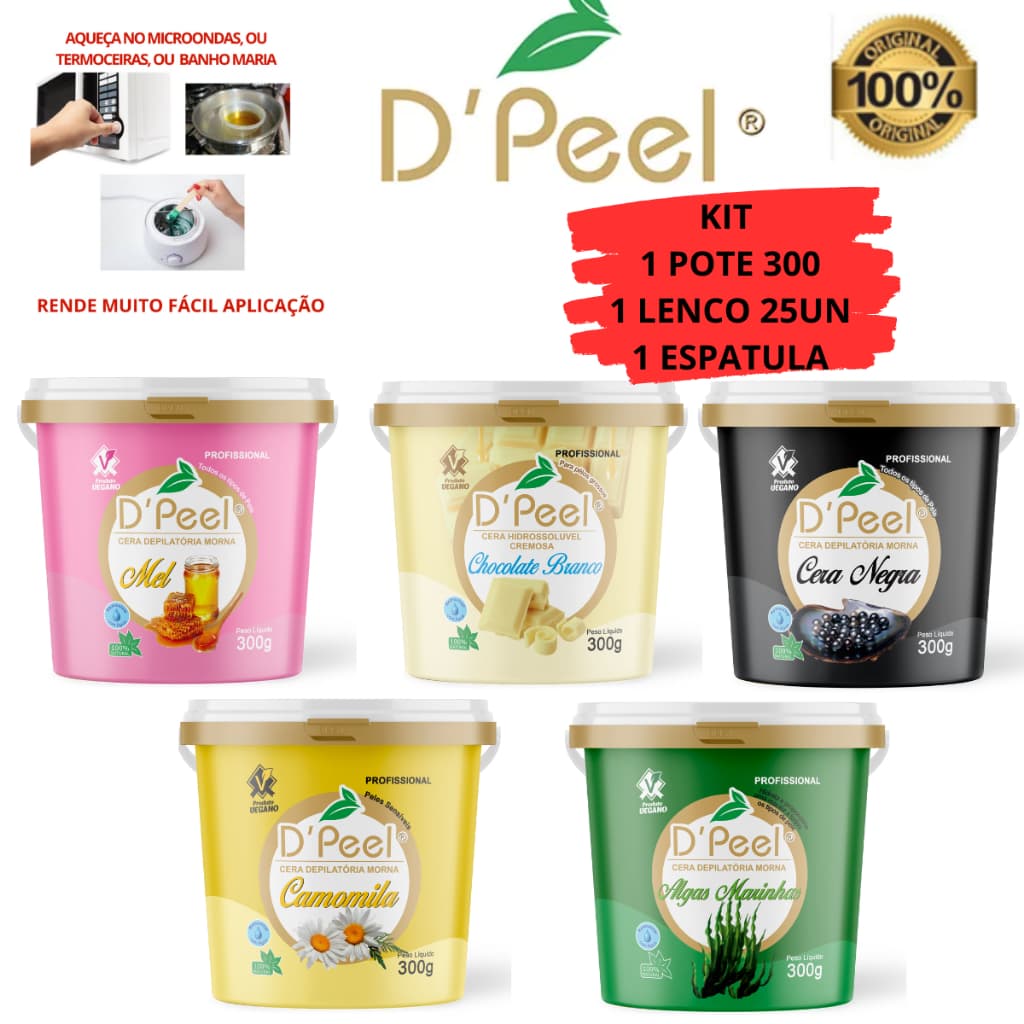 Cera Cremosa Depilação Dpeel Pote 300g Profissional +1 Espátula Acrílica SantaClara+1PCT Lenços 25un