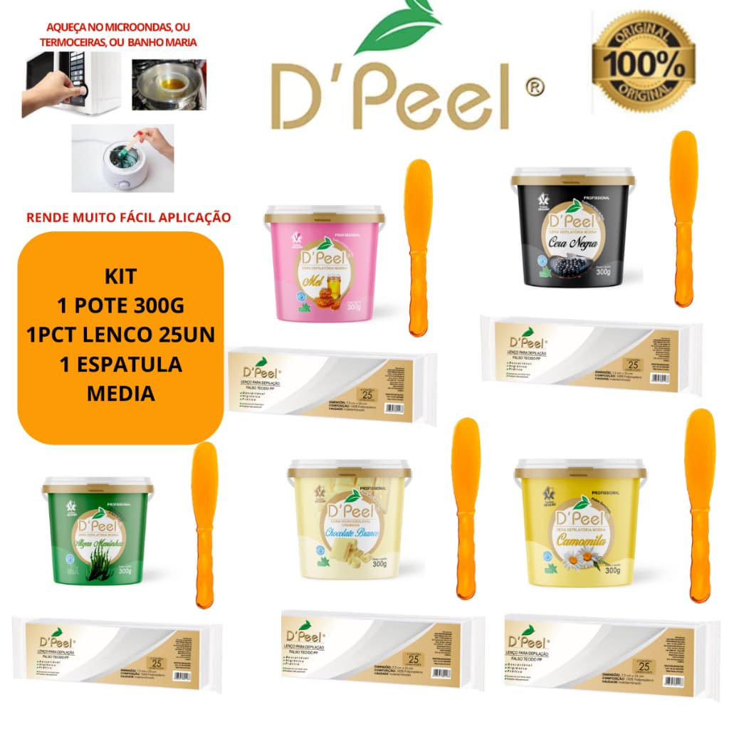Cera Depilacao Cremosa Dpeel 300g +1 Espátula Acrílica Santa Clara + 1 PCT Lenços/25un Profissional