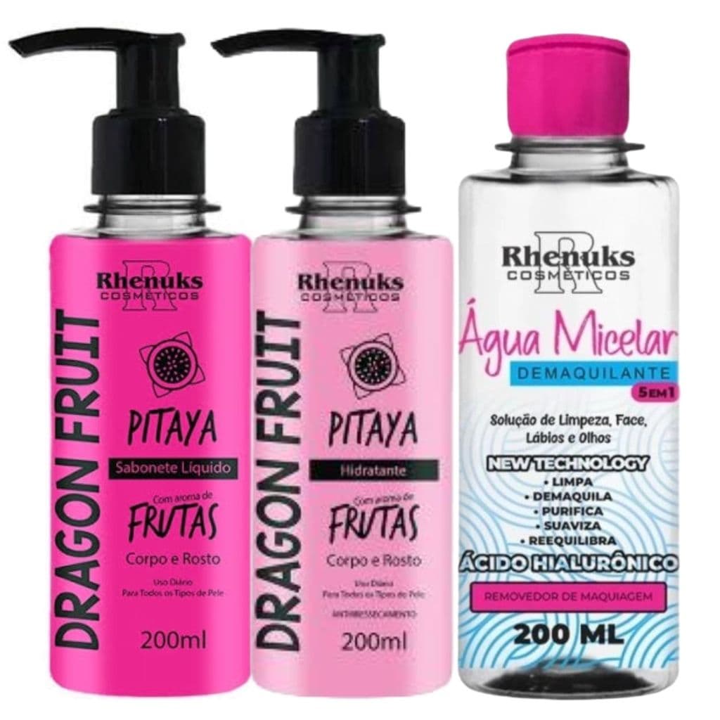 Kit Cuidado Rosto E Corpo Hidratante + Sabonete Líquido Pitaya + Água micelar 200ml Cada