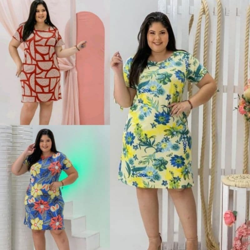 Vestido com Manga Estampado Tamanho Grande