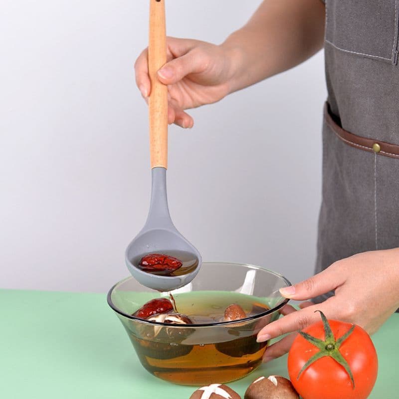 Cinzento Kit C/12 Pçs Utensílios De Cozinha Colheres Espatula Silicone Cabo Madeira Decoração Promoção
