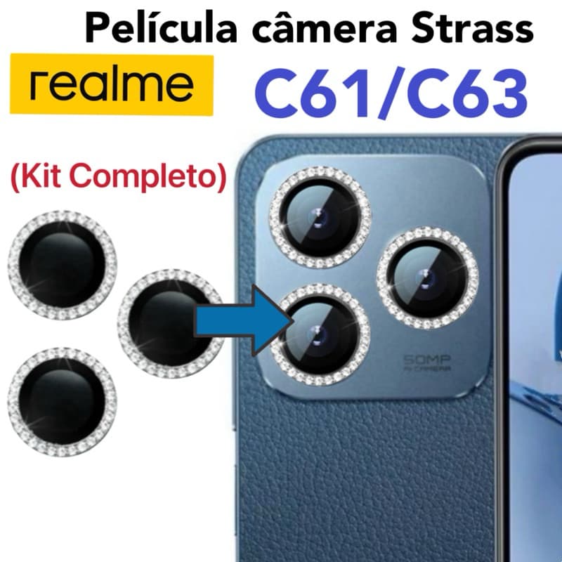 KIT(3 peças )Películas de câmera Diamante Para Realme C61 / C63 Película protege lentes de celular com brilho com Strass