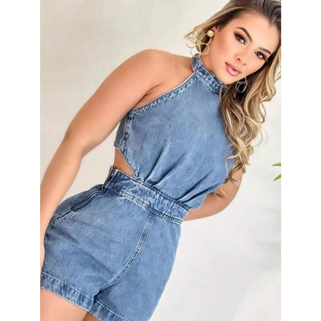 Macaquinho Frente Única Jeans Feminino Decote Profundo Charmoso Atual Sensual Moderno Estiloso