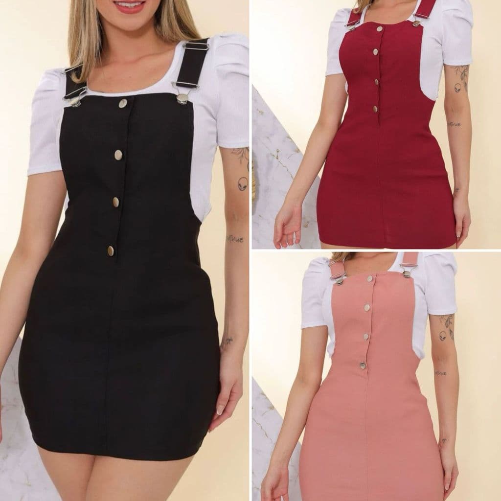 Kit 3 Vestido Jardineira Bengaline Com Botões Moda Feminina Verão Melhor Preço