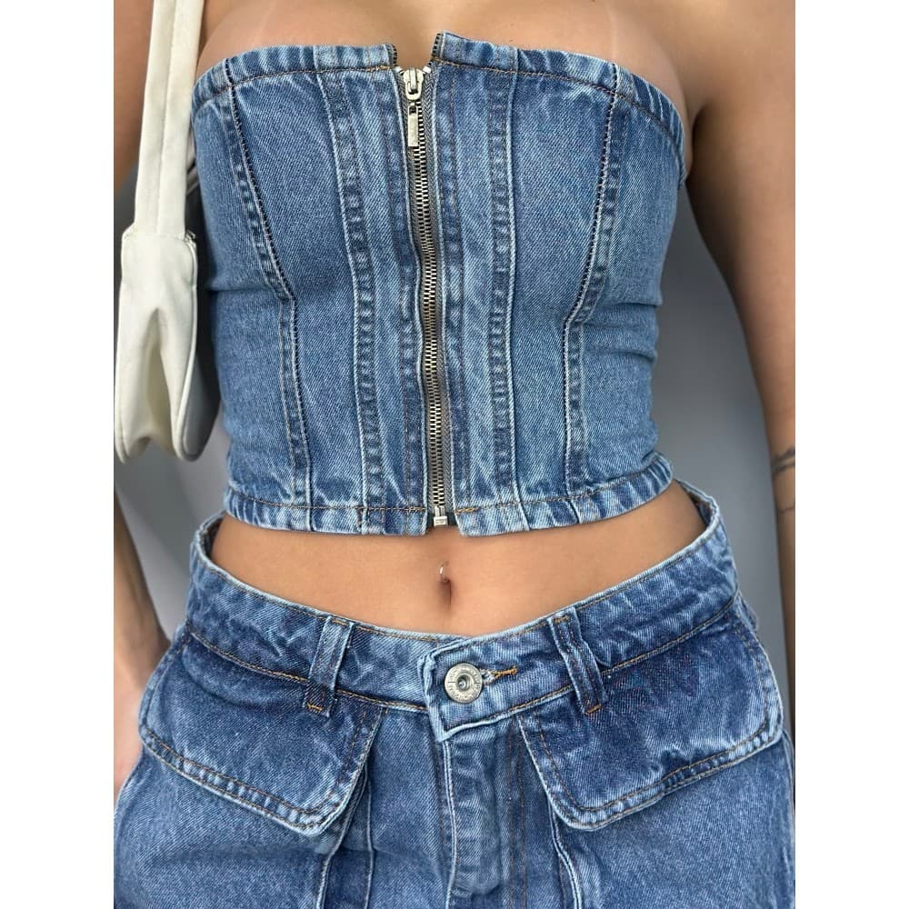 Blusa Top Jeans Cropped tomara que caia Feminino com zíper Frontal