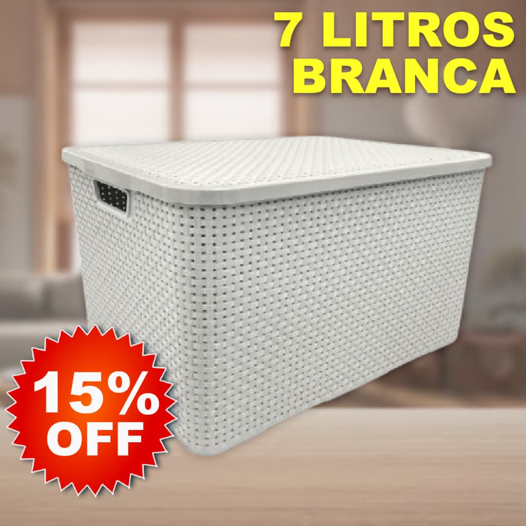 Caixa / Cesta Organizadora Pequena 7 Litros Empilhavel Rattan BRANCA - Cesto Organizador 7L