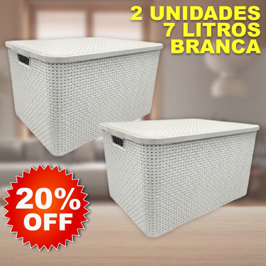 Kit 2 Caixa / Cesta Organizadora Pequena 7 Litros Empilhavel Rattan BRANCA Com Tampa - Cesto Organizador 7L