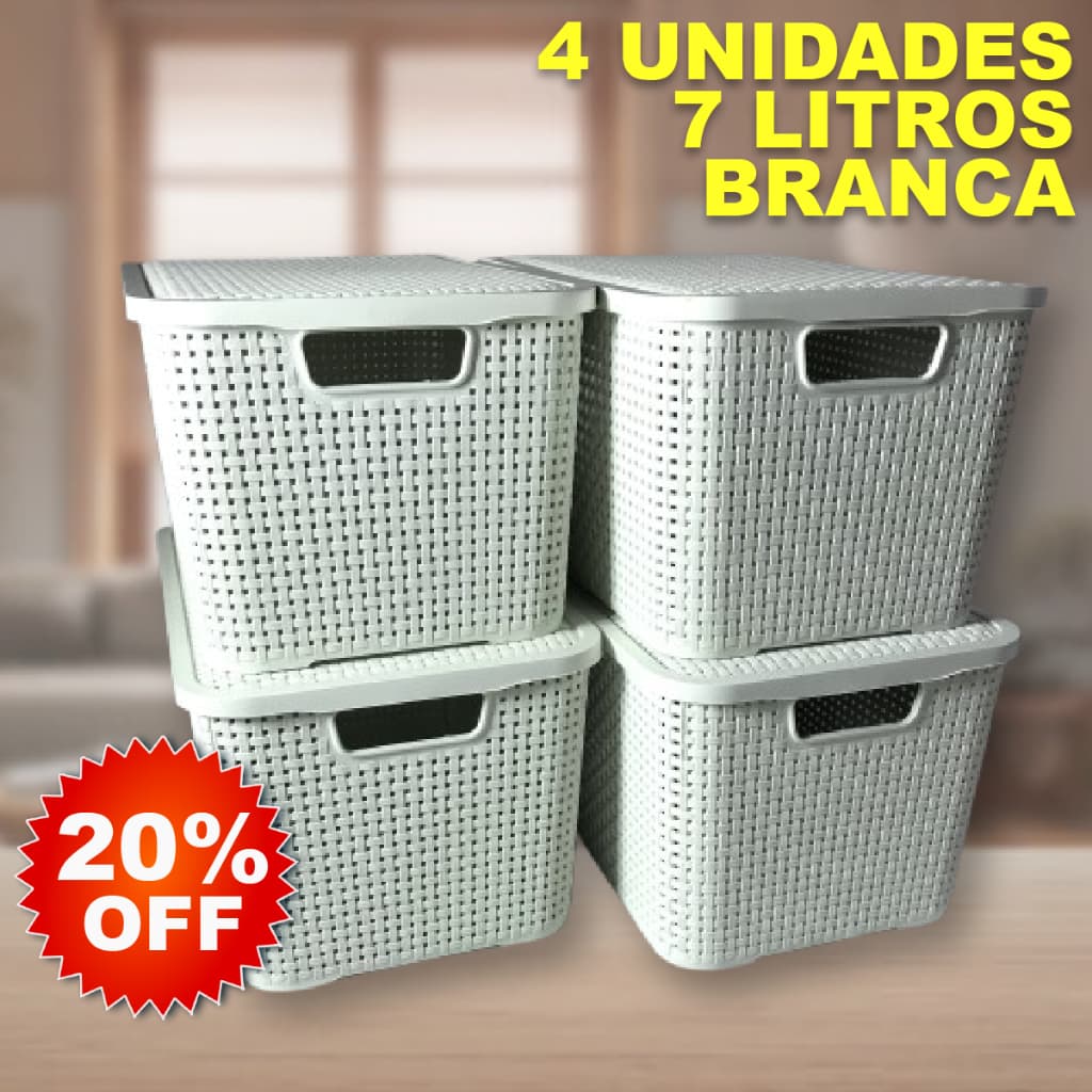 Kit 4 Caixa / Cesta Organizadora Pequena 7 Litros Empilhavel Rattan BRANCA Com Tampa - Cesto Organizador 7L