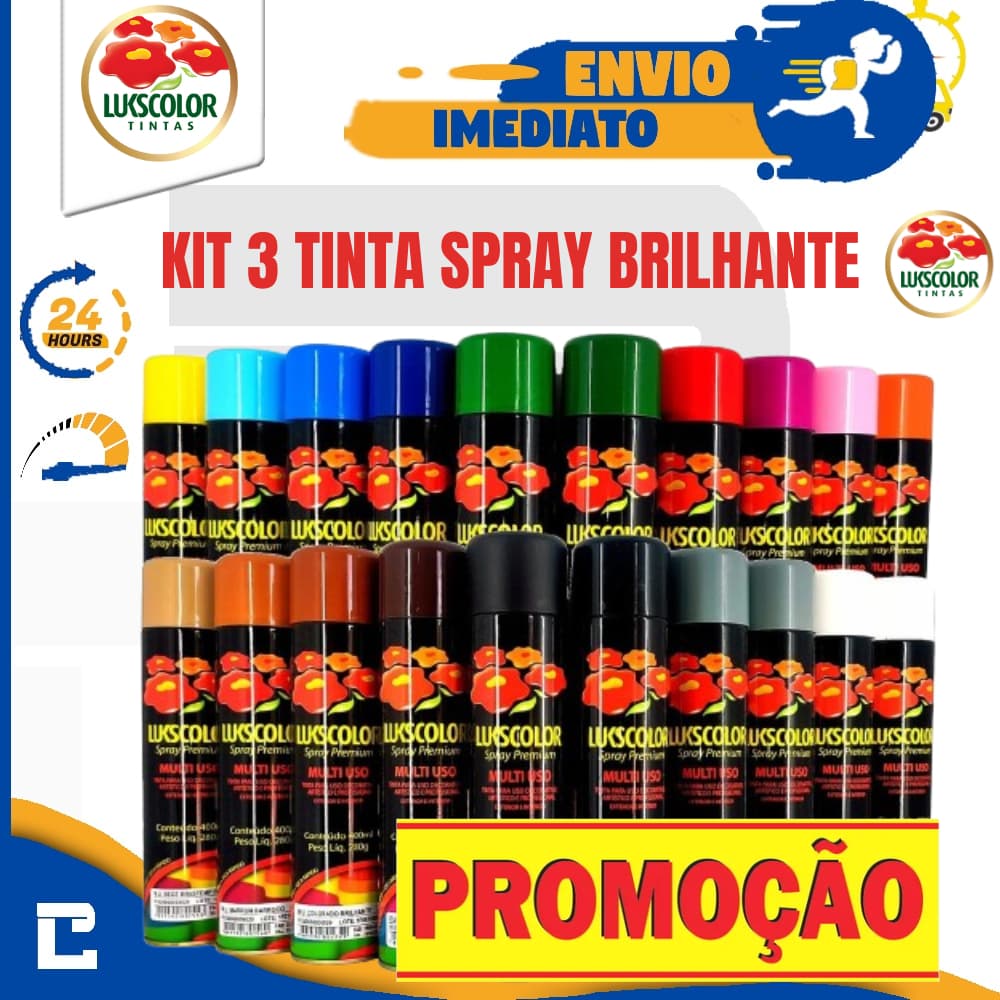 Kit 3 Tinta Spray Multiuso 400ml Brilhante Várias Cores Lukscolor Premium