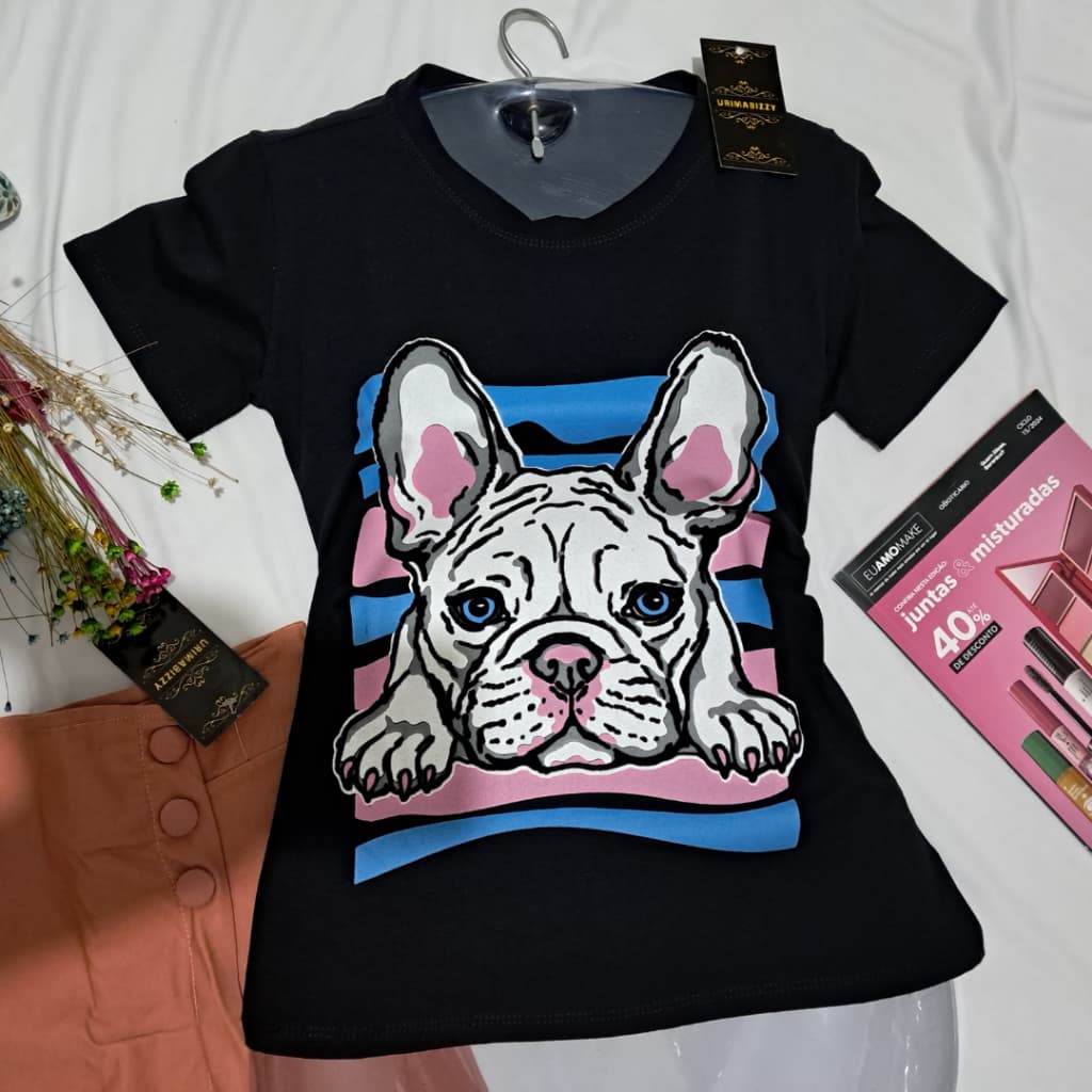 Blusa Feminina  T-shirt Preta Estampada  Cachorro fofa e leve p ser verão Camiseta