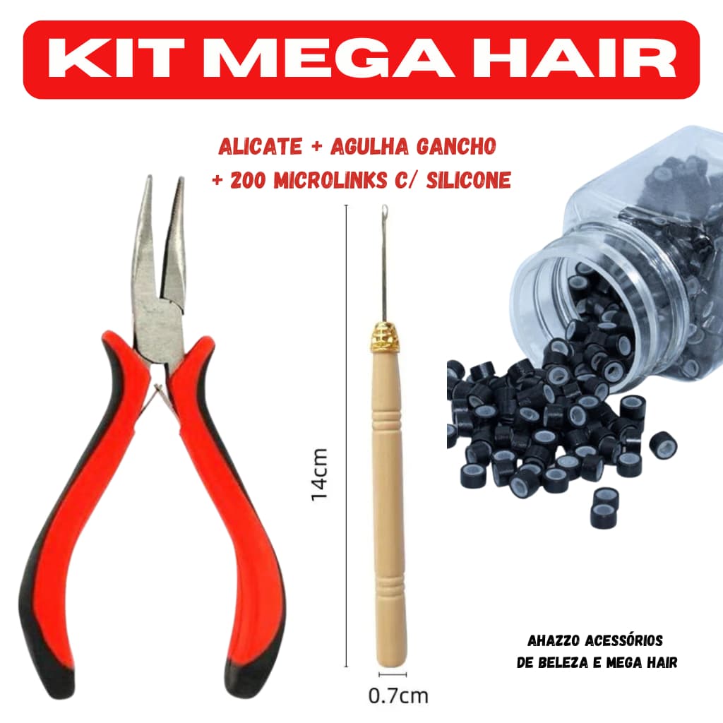 Kit Mega Hair Alicate + Agulha Gancho +200 Microlinks C/ Silicone