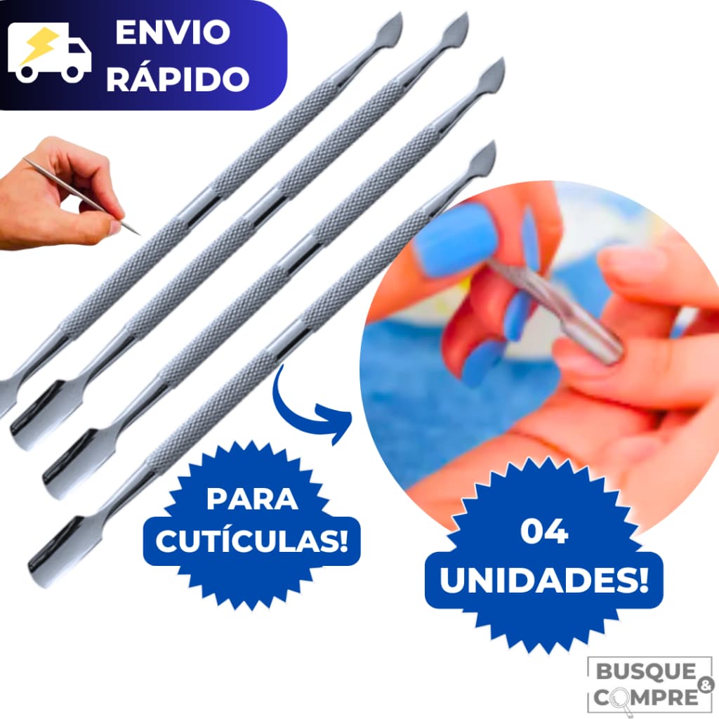 4 Extratores de Cutícula com Ponta Dupla Unha Mão Pé Cabo Antiderrapante Aço Inox Manicure Pedicure
