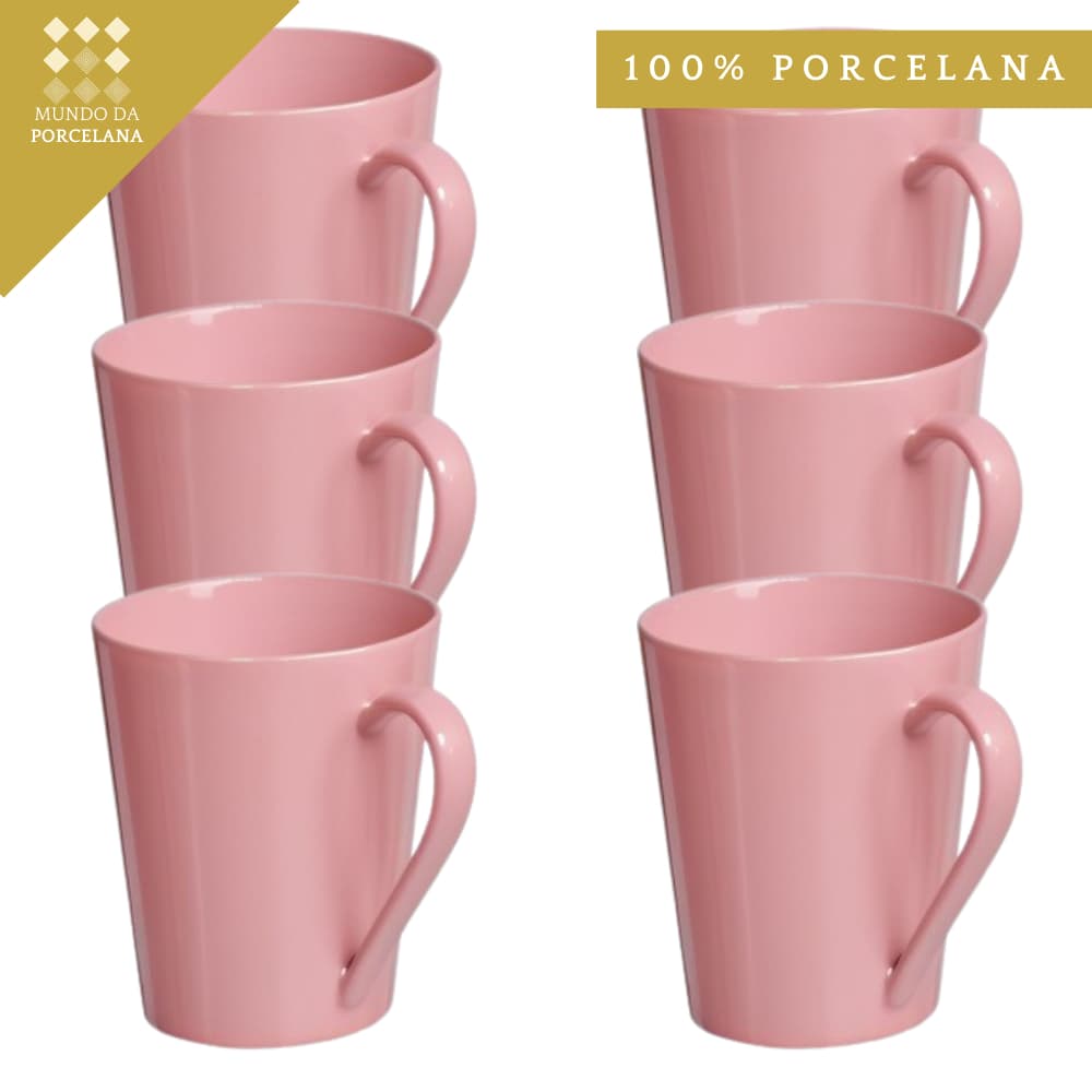 Jogo 6 Canecas Tulipa Lisa Rosa 250ml Porcelana Cha Decoracao Mesa Cafe