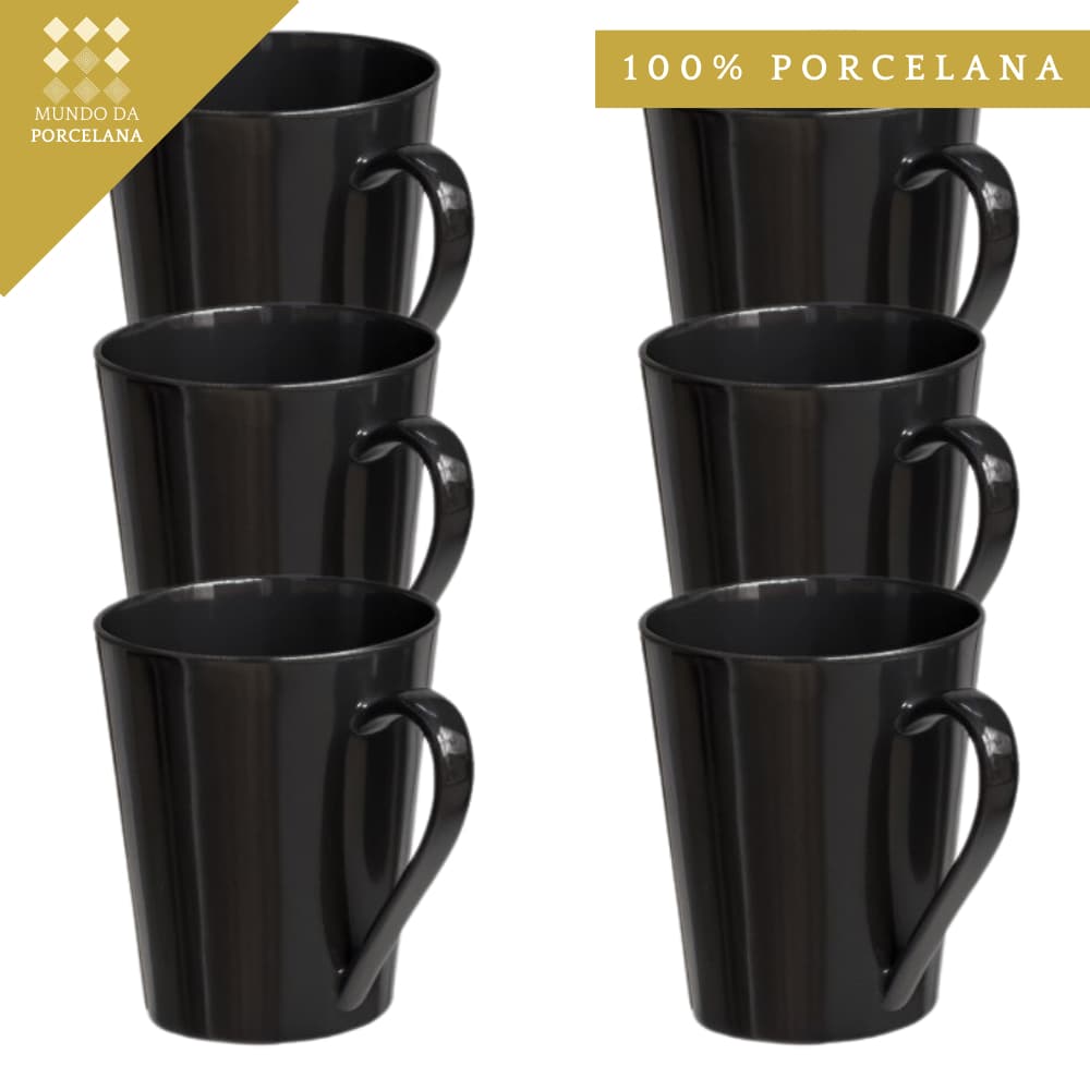 Jogo 6 Xicaras Chá 250ml Porcelana Preta Caneca Cantinho Café Lar Decoração Cafe Leite