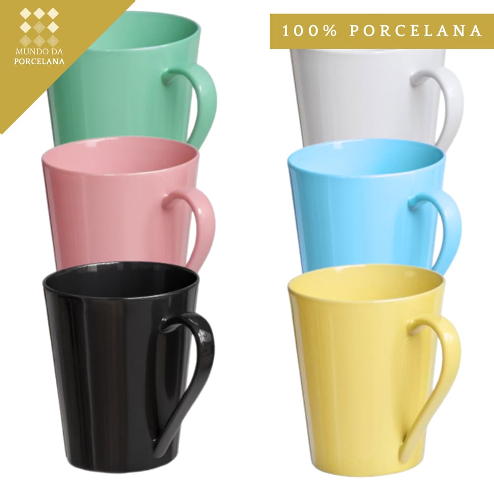 Jogo 6 Xicaras Tulipa Chá 250ml Porcelana Colorida Caneca Café Lar Decoração Cafeteria Padaria Casa