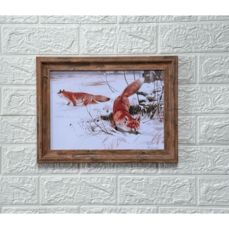 Quadro decorativo arte pintura, Wilhelm Kuhnert’s Common Foxes in the Snow, madeira e vidro