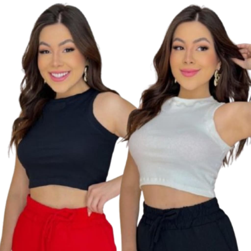 Regata Cropped Feminina Canelada Básica Com Elastano