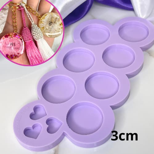 Molde de silicone para resina redondo 3cm com 10 cavidades, 3 corações. #29