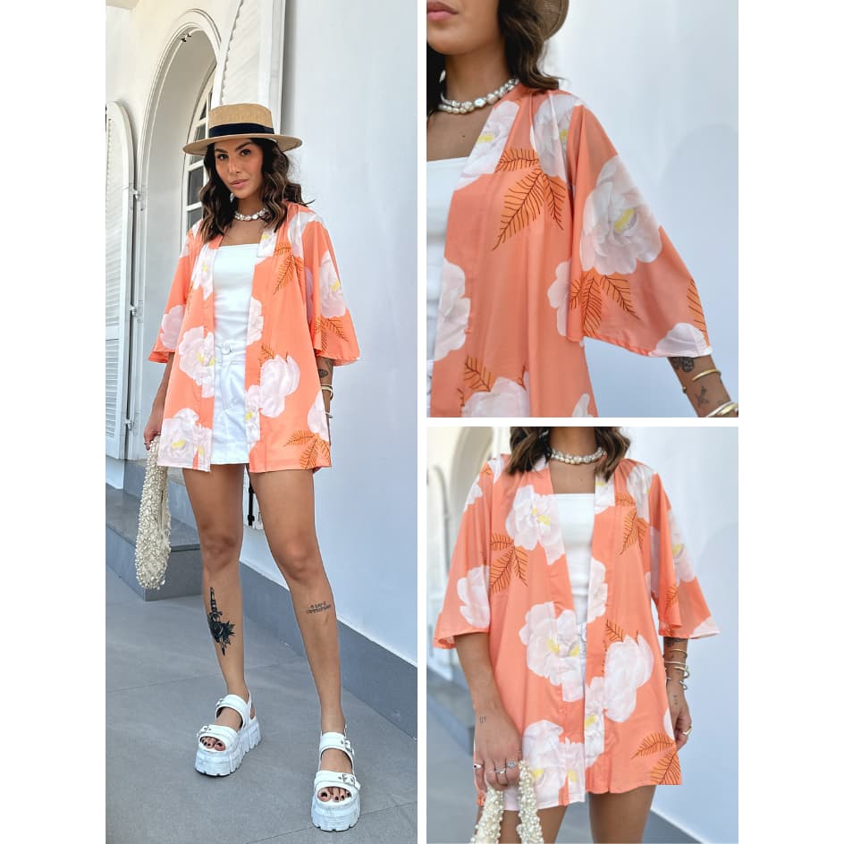 Blusa Kimono Cardigan Feminino Manga 3/4 Flare Floral | Fresquinho, Leve de Toque Macio