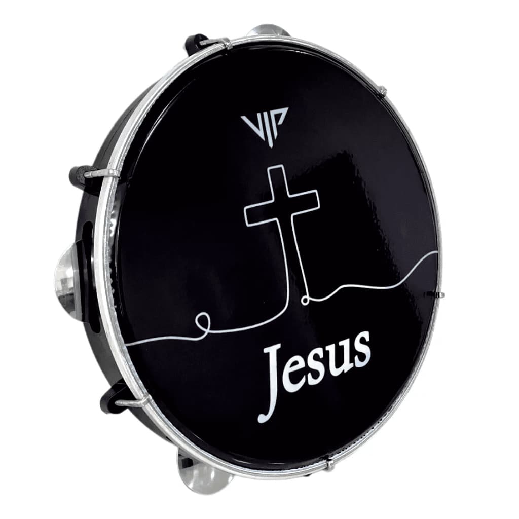 Pandeiro Profissional 10 Pol Pele Leitosa Preto Vip Jesus