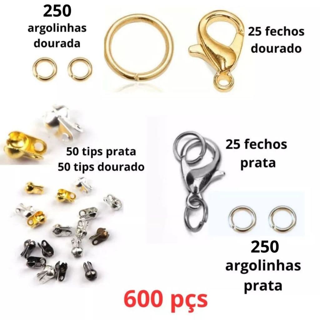 600pcs /Set Conjunto de Acoplamento de Anel de Gancho para Conexão de Colar 50 Fecho  +Terminal tips Prata argola elo