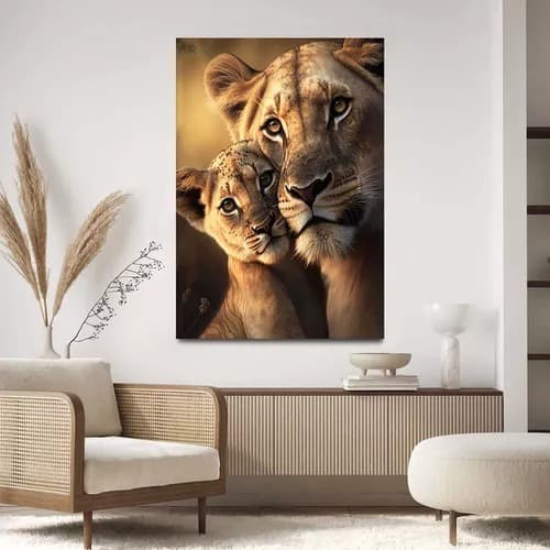Quadro Para Sala Leoa Com Filhote Savana Decoração 40x60
