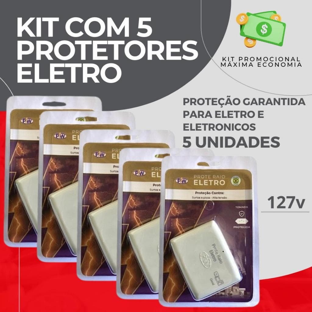 Kit com 5 Protetores de Raio PW Eletro 2 Tomadas 10A - O Mais Vendido