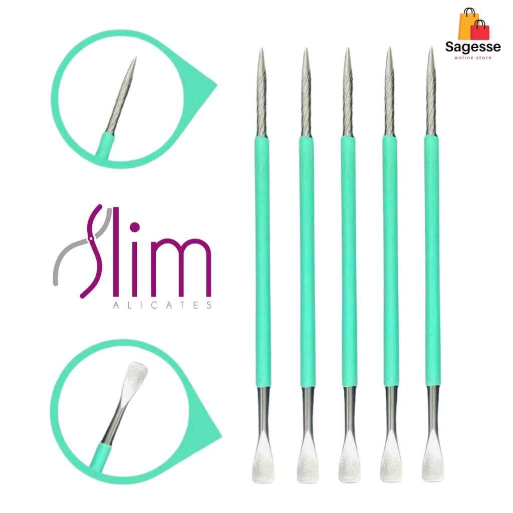 Kit 05 Espátulas Slim -  Bastão Mista Unha Inox VERDE Com Silicone Cutelaria Manicure