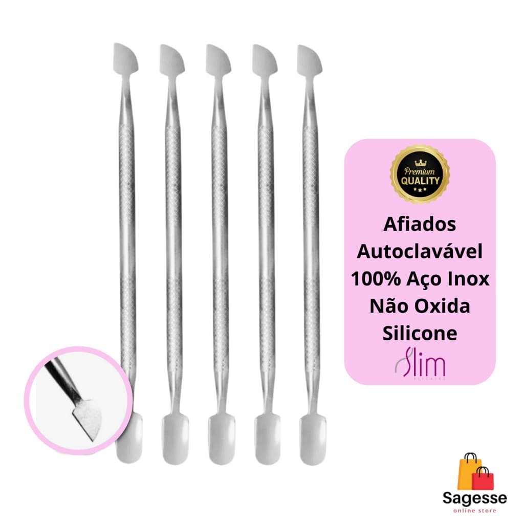 Kit com 5 Espátula Dupla Empurrador Inox Profissional Manicure e Pedicuro Slim