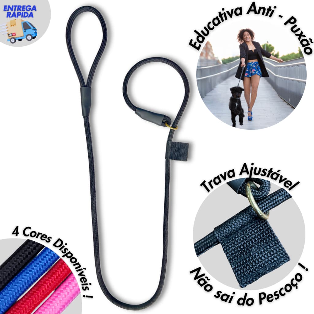 Guia Adestramento Cachorro Corda Nylon Preta Reforçado Coleira Unificada Cães