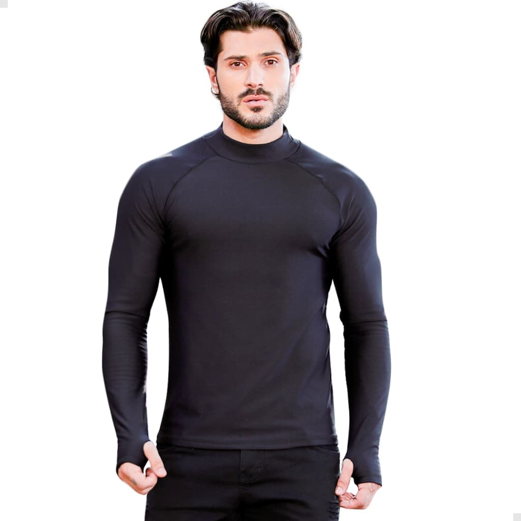Blusa esportiva Gola Alta Masculina Segunda Pele manga longa Térmica Luva Proteção Solar UV 50+