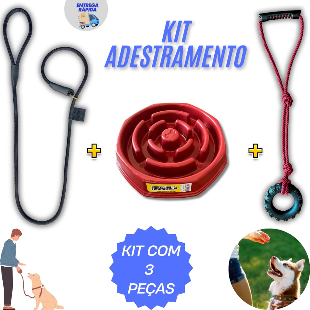 kit para adestramento de cães 3 peças guia unificada + comedouro educativo + brinquedo puxador