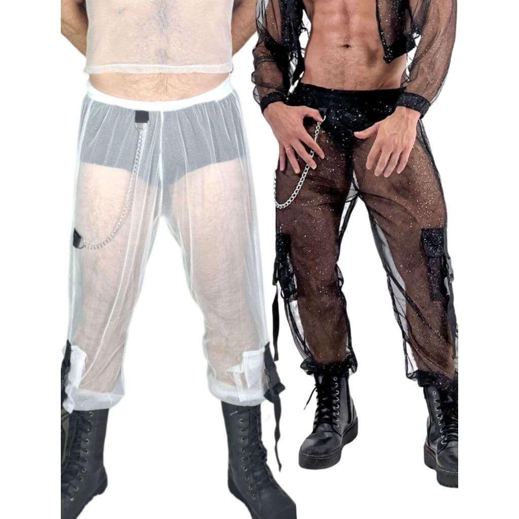 Conjunto 2 Calças Transparente com gliter/cargo/jogger/look festival/rave/luxo/lgbt/track pants/pride/orgulho/kit 2 peça