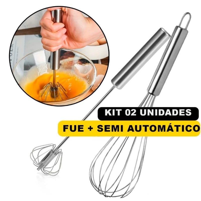 Kit Batedor De Clara Em Neve Fue + Semi-Automático Inox Para Confeitaria Bater Massas e Bolos