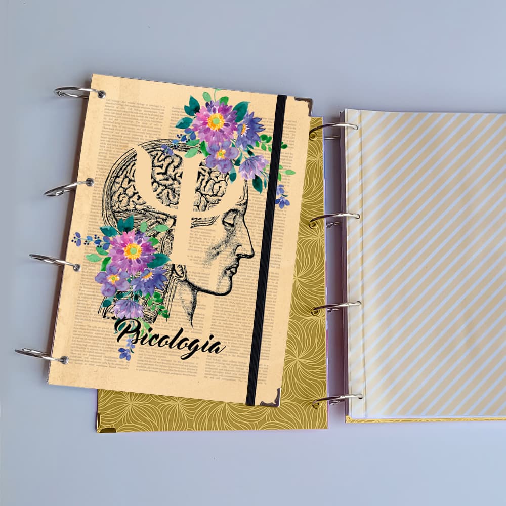 Caderno Argolado Psicologia (Capa e Argolas Articuladas) Universitário Colegial A5 Fichário psicologa